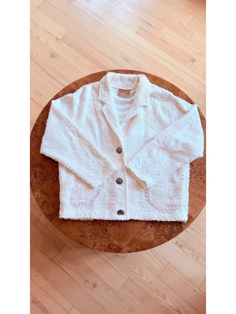 White Textured Cotton Vintage Button-Up Cardigan Jacket